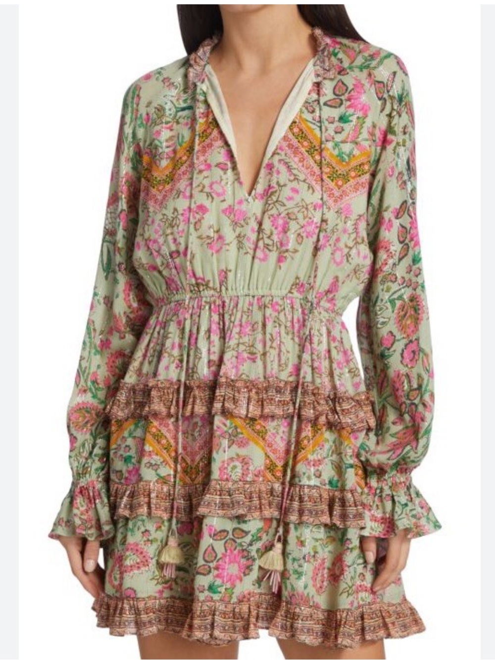 Hemant and nandita Nora Floral Ruffle Tiered Mini Dress - sage & Pink